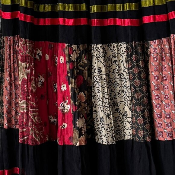 Sacred Threads Patchwork Ribbon Maxi Skirt One Size Elastic Waist Tie Lined Boho - Picture 15 of 16